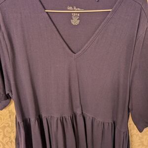 Ulla Popken Empire A Line‎ Cotton Dress V-Neck Pockets Blue US 12/14